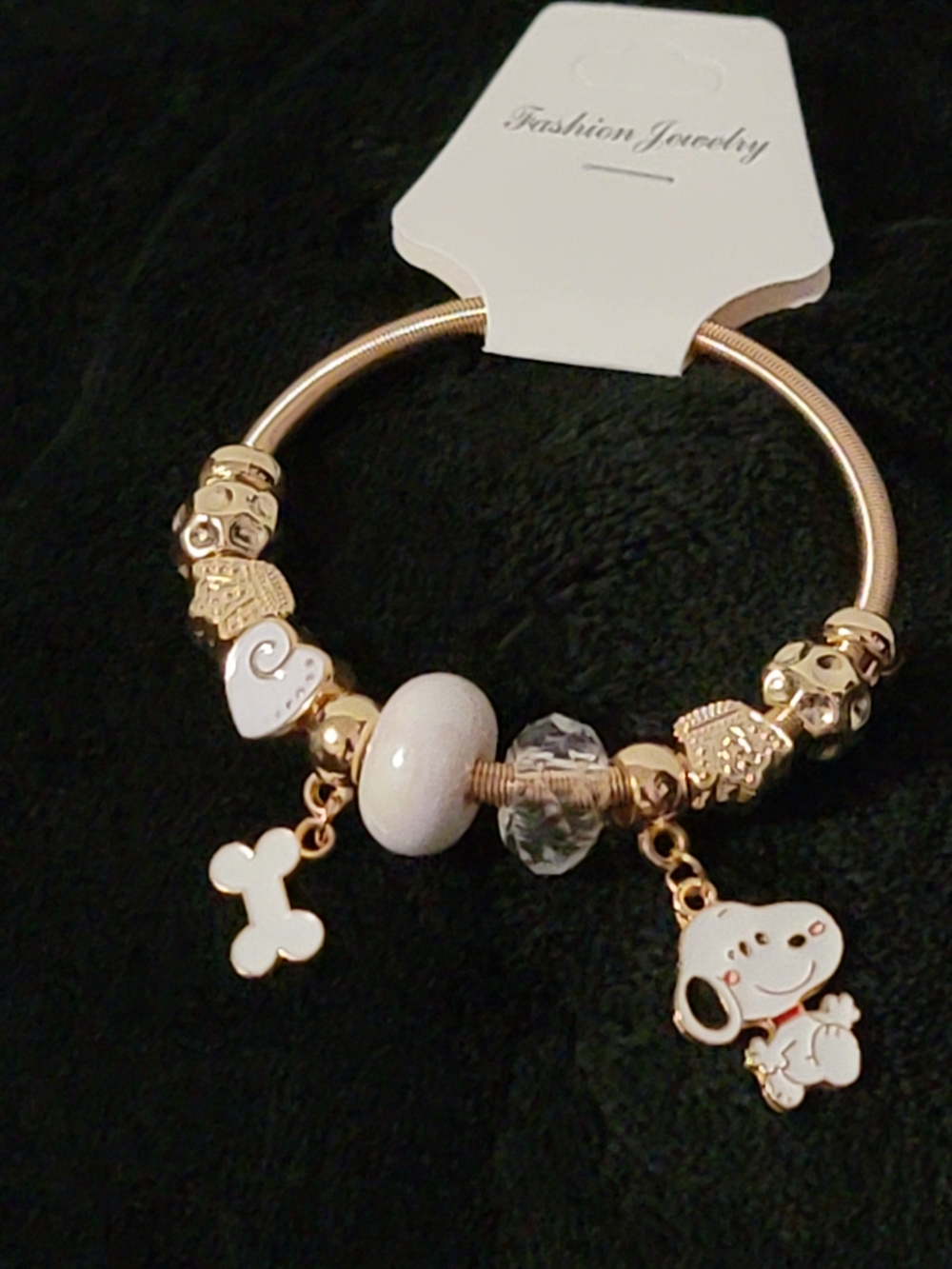 Gold-tone Charm Bracelet with White Enamel Dog & Bone Charms